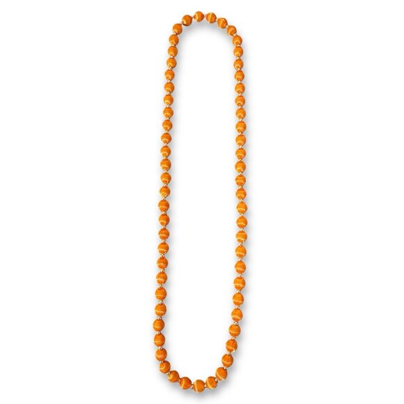 unknown Jewelry - Vintage Orange Silk Satin Wrapped Bead Necklace 30”+ Gold Tone Spacer 70s 80s